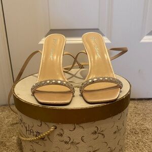 Betsey Johnson beige satin and crystal wedges